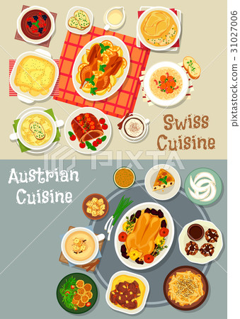 Austrian and swiss cuisine tasty lunch icon set