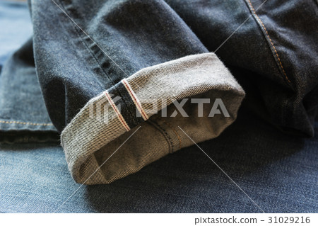 close up of fold hem red selvedge japan denim 31029216