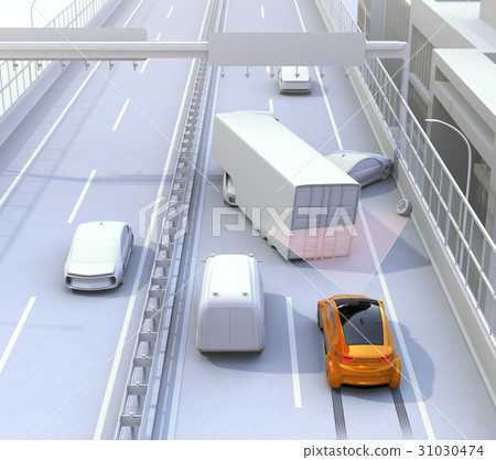Concept image of avoiding secondary accidents by crash damage mitigation brake on highway accident scene Concept image of avoiding secondary accidents by crash damage mitigation brake on highway accident scene 31030474