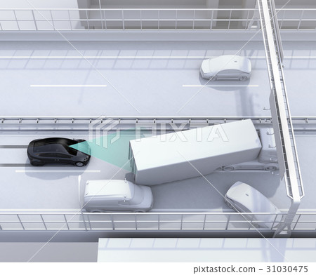 Concept image of avoiding secondary accidents by crash damage mitigation brake on highway accident scene Concept image of avoiding secondary accidents by crash damage mitigation brake on highway accident scene 31030475