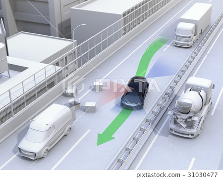 A car that avoided falling objects on a highway. Concept image of obstacle avoidance support 31030477