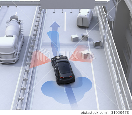 一輛避免在高速公路上掉落物體的汽車。避障支持的概念圖像 31030478