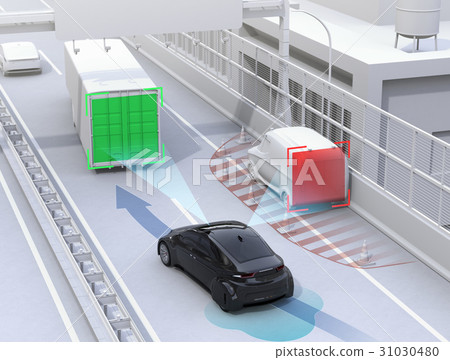 A car that avoided falling objects on a highway. Concept image of obstacle avoidance support 31030480