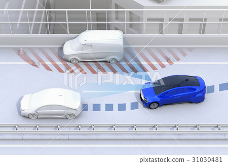 A blue car avoiding broken vehicles on the shoulder of a highway. Concept image of obstacle avoidance support 31030481