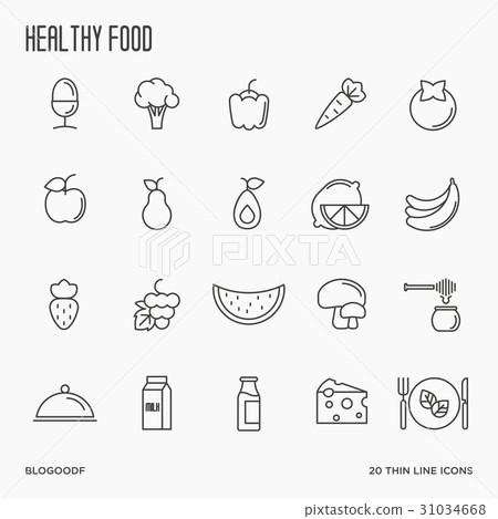 Set of fruits and vegetables thin line icons. - Stock Illustration ...
