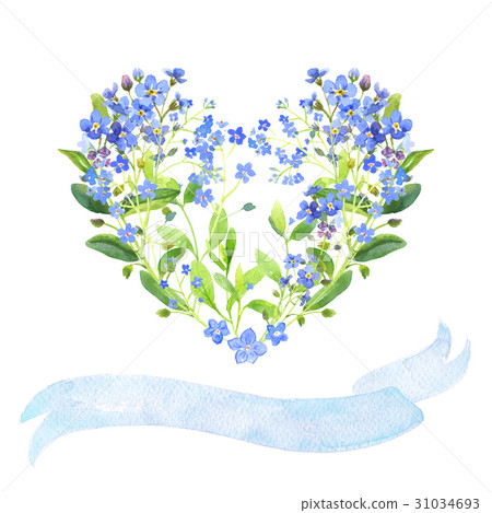 Watercolor heart. Forget-me-nots and ribbon 31034693