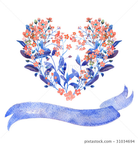 Watercolor heart. Forget-me-nots and ribbon 31034694