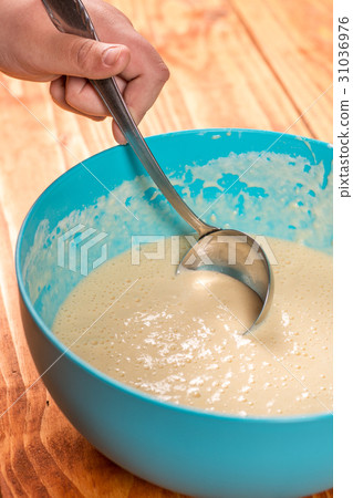 American pancakes mixture compound over flat lay 31036976