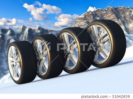 Set of car wheels in snowy mountains 31042659