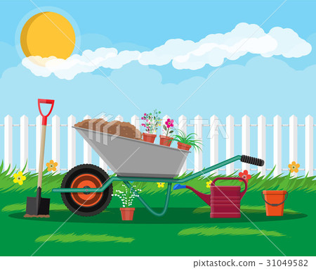 Formal garden with wheelbarrow, flowers, shovel Formal garden with wheelbarrow, flowers, shovel 31049582