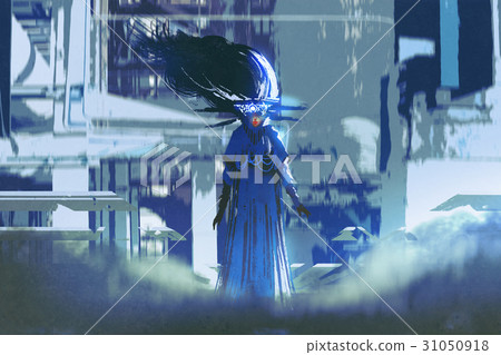 woman in a blue dress standing in futuristic city woman in a blue dress standing in futuristic city 31050918