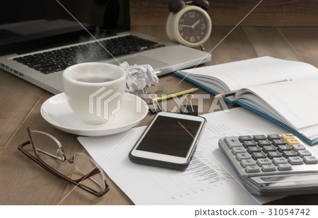 Hot coffee with computer notebook mobile phone 31054742