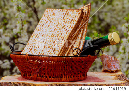Pesach with wine and matzoh jewish passover bread Pesach with wine and matzoh jewish passover bread 31055019