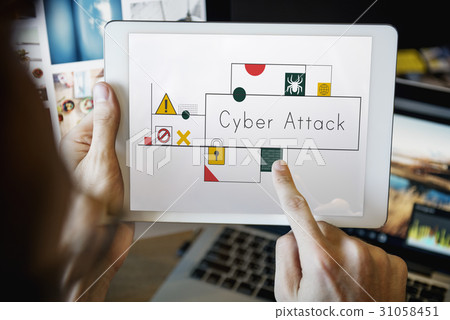 Hands working on digital device network graphic overlay Hands working on digital device network graphic overlay 31058451