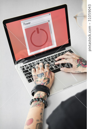 Hands working on laptop network graphic overlay Hands working on laptop network graphic overlay 31059043