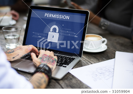 Hands working on laptop network graphic overlay 31059904