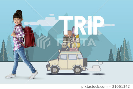 Little girl with illustration of discovery journey road trip traveling 31061342