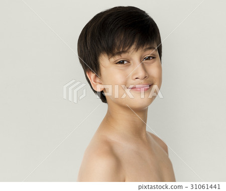 Little Boy Smiling Face Expression Topless Studio Portrait Little Boy Smiling Face Expression Topless Studio Portrait 31061441