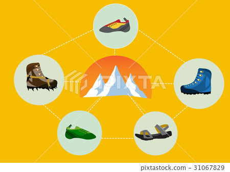 Group of climbing shoes with mountain 31067829