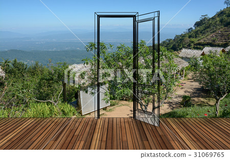 Landscape behind the opening door,3D Landscape behind the opening door,3D 31069765