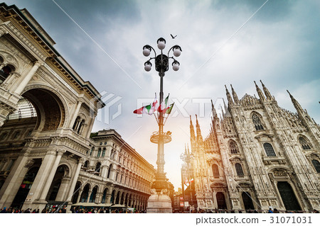 Beautiful Panoramic view of Duomo square in Milan Beautiful Panoramic view of Duomo square in Milan 31071031