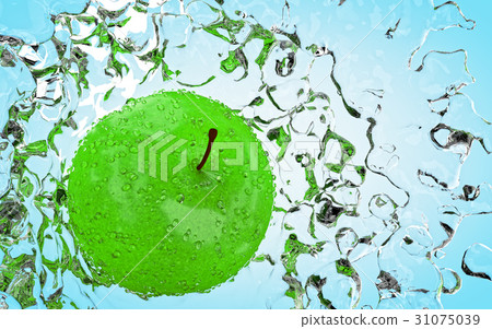 Apple with water splash on light blue background Apple with water splash on light blue background 31075039