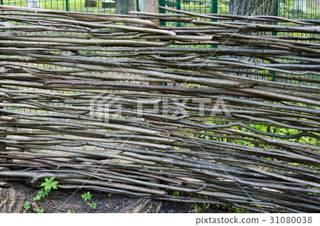Wooden fence of sticks and rods. hedge of branches Wooden fence of sticks and rods. hedge of branches 31080038