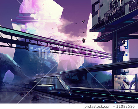 Abstract drawn futuristic scifi fantasy city. 31082556