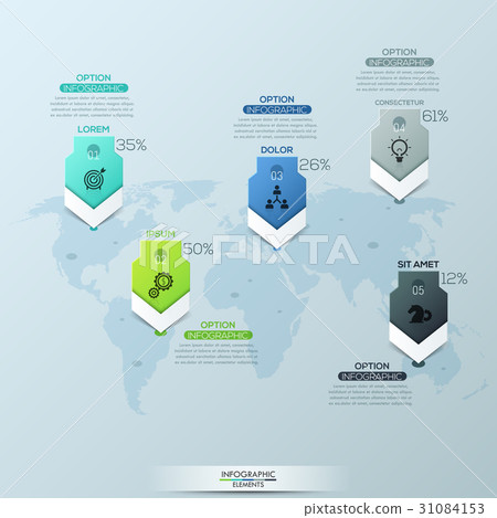 World map and 5 location marks with headings 31084153