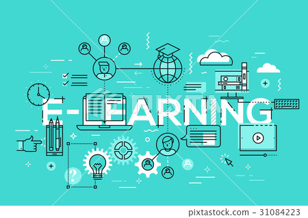 Thin line flat design banner of e-learning web - Stock Illustration ...