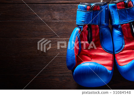 Boxing blue and red gloves hanging from ropes on a Boxing blue and red gloves hanging from ropes on a 31084548