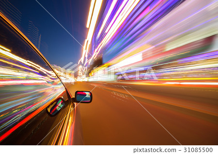 View from Side of Car moving in a night city 31085500