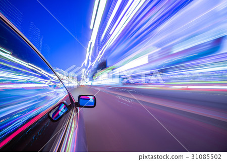 View from Side of Car moving in a night city 31085502