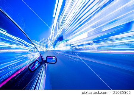 View from Side of Car moving in a night city 31085505