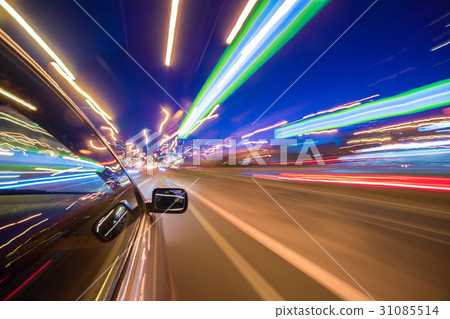 View from Side of Car moving in a night city 31085514