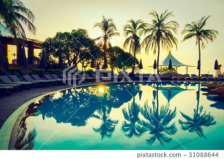 Silhouette coconut palm tree around swimming pool Silhouette coconut palm tree around swimming pool 31088644