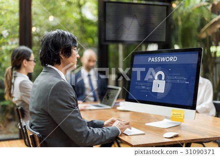 Man working on computer network graphic overlay 31090371