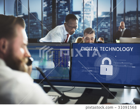 Workers working on computer network graphic overlay 31091568