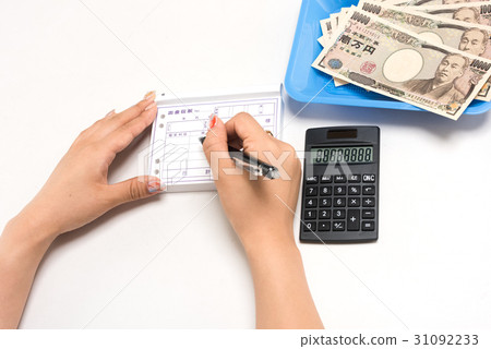 Young Japanese female settled in slip White background Withdrawal slip 31092233