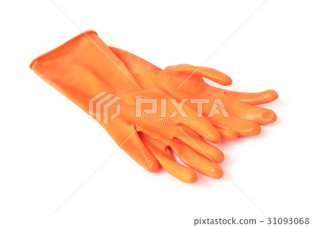 Orange color rubber gloves for cleaning on white 31093068