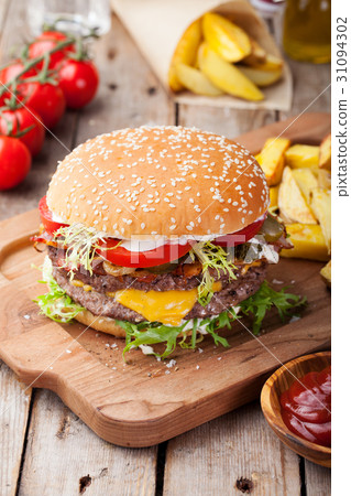Burger, hamburger with french fries Cutting board. 31094302