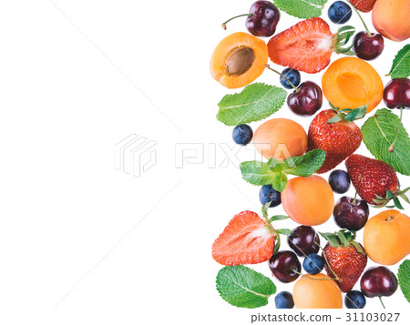 Apricot and berries isolated, top view, copy space 31103027