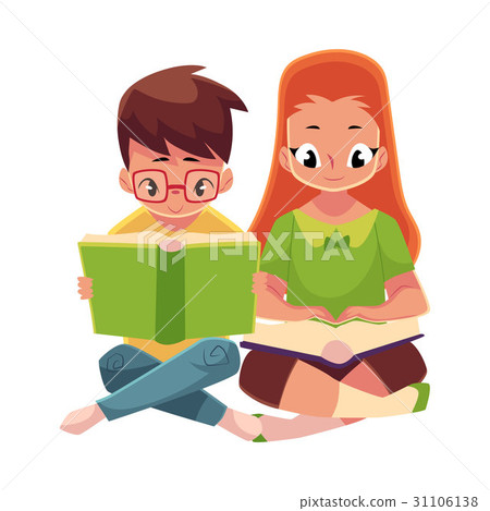 Kids, boy in glasses, red haired girl, reading 31106138