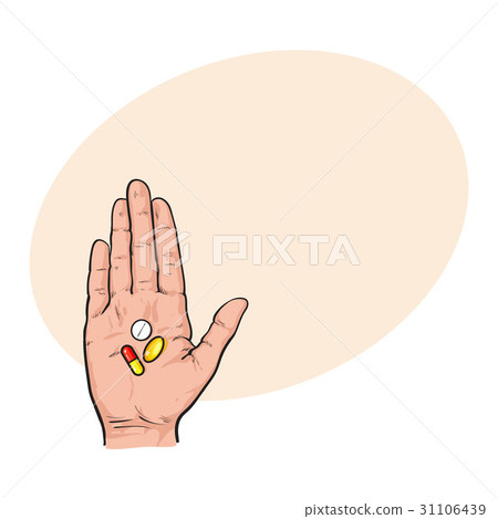 Hand holding three colorful pills, tablets in open Hand holding three colorful pills, tablets in open 31106439
