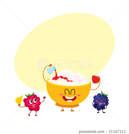 Funny bowl of cottage cheese and raspberry Funny bowl of cottage cheese and raspberry 31107111