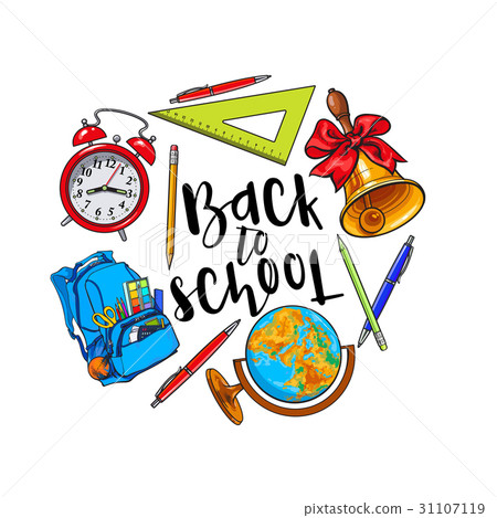 Round frame of school items, backpack with place Round frame of school items, backpack with place 31107119