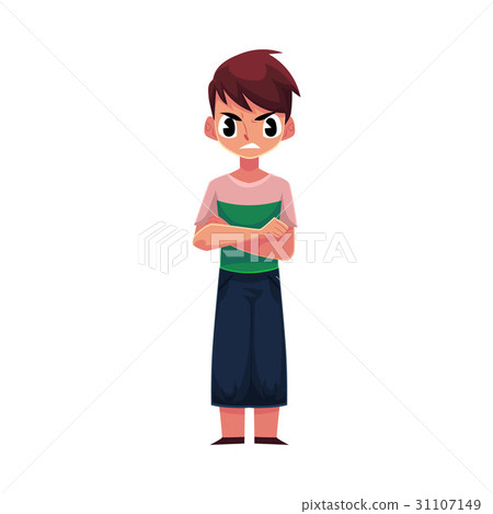 Frowning, angry little boy standing with arms Frowning, angry little boy standing with arms 31107149