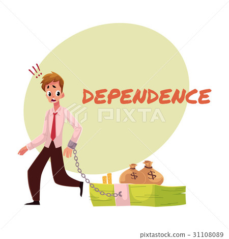 Man with leg chained to bundle of banknotes, money Man with leg chained to bundle of banknotes, money 31108089