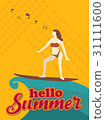Hello summer,Woman Surfboard and music,Orange tone 31111600