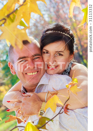 Beautiful couple in love on a walk autumn forest 31113332